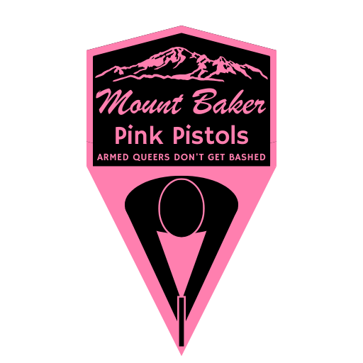 A badge-shaped logo for "Mount Baker Pink Pistols" in pink and black. It features a stylized mountain at the top, bold cursive text, and the slogan "ARMED QUEERS DON'T GET BASHED." The lower portion includes a depiction of an individual from a bird's-eye perspective holding a handgun.